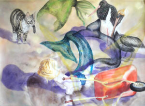 Sirènes, aquarelle sur papier, 113x155cm