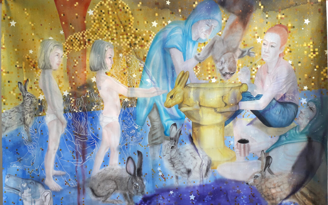 Lièvres de mai, aquarelle sur papier, 113x165cm