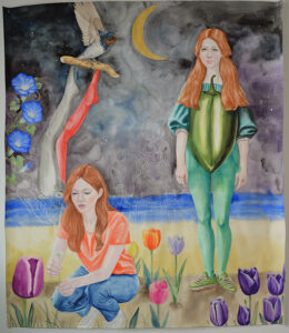 Femme avec fleurs et nature, peinture symbolique en couleur vive, style contemporain, hommage à la beauté intérieure.